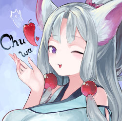 Rule 34 | 1girl, ;d, animal ear fluff, animal ears, bow, breasts, fox ears, fox girl, grey hair, hair bobbles, hair bow, hair intakes, hair ornament, hand up, heart, highres, large breasts, long hair, looking at viewer, microa, nhk (voiceroid), one eye closed, open mouth, pink bow, purple eyes, smile, solo, touhoku itako, upper body, voiceroid