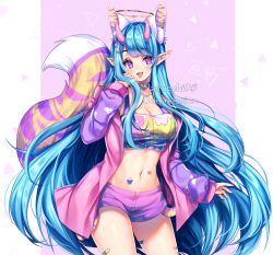 Rule 34 | 1girl, animal ears, artist name, breasts, choker, cleavage, commission, crop top, fang, halo, highres, horns, large breasts, long hair, looking at viewer, navel, original, pointy ears, sasucchi95, short shorts, shorts, signature, solo, star (symbol), star choker, tail, very long hair, watermark