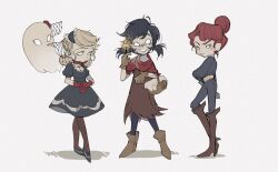 Rule 34 | 3girls, abigail (don&#039;t starve), ankle boots, belt, black dress, black footwear, black pants, black shirt, blank eyes, blonde hair, boots, brown dress, brown footwear, brown gloves, brown pantyhose, choker, don&#039;t starve, double bun, dress, fighting stance, fire, fishnets, flower, freckles, frilled hairband, frills, frown, full body, ghost, gloves, hair bun, hairband, holding matchstick, jenny25424633, knee boots, long sleeves, looking at viewer, looking to the side, low twintails, messy hair, multiple girls, official alternate costume, official alternate hairstyle, pants, pantyhose, puffy long sleeves, puffy short sleeves, puffy sleeves, ready to draw, red flower, red footwear, red shawl, sad, shawl, shirt, shoes, short dress, short sleeves, siblings, single hair bun, sisters, smile, standing, swept bangs, sword, twintails, uneven eyes, veil, weapon, wendy (don&#039;t starve), wigfrid (don&#039;t starve), willow (don&#039;t starve)