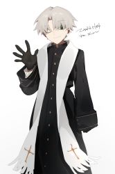Rule 34 | 1boy, black gloves, black robe, closed mouth, commentary request, eyes visible through hair, feet out of frame, gloves, green eyes, grey hair, guu (guu8), hand up, highres, long sleeves, looking at viewer, male focus, one eye closed, original, robe, short hair, simple background, sleeves past wrists, solo, stole, translation request, very short hair, waving, white background