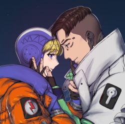 Rule 34 | 1boy, 1girl, apex legends, bailian, black eyes, black gloves, black hair, blonde hair, blue eyes, blush, couple, crypto (apex legends), freckles, from side, gloves, hand on another&#039;s face, heads together, hetero, hood, hooded jacket, jacket, orange jacket, partially fingerless gloves, smile, wattson (apex legends), white jacket
