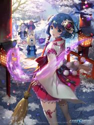 Rule 34 | 1girl, blue eyes, blue hair, bob cut, broom, chaos drive, cherry blossoms, club (weapon), commentary, eyeball, flower, hair flower, hair ornament, hakama, hakama short skirt, hakama skirt, highres, horns, japanese clothes, lace, lace-trimmed skirt, lace trim, lantern, light particles, looking back, miko, monster, new year, nontraditional miko, oni, open mouth, smoking pipe, ribbon-trimmed legwear, ribbon trim, short hair, shrine, skirt, smile, stairs, sunlight, sweeping, thighhighs, tob, torii, tree, watermark, weapon, traditional youkai