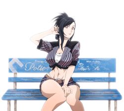 Rule 34 | 1girl, bench, breasts, brown eyes, cleavage, final fantasy, final fantasy vii, final fantasy vii rebirth, final fantasy vii remake, frayed shorts, highres, large breasts, matthewb64, navel, official alternate costume, official alternate hairstyle, park bench, short shorts, shorts, sitting, solo, stomach, thong, tifa lockhart, toned