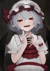 Rule 34 | 1girl, ascot, bat wings, brooch, collared shirt, commentary request, fangs, frilled shirt collar, frills, grey hair, hands up, hat, highres, jewelry, kanpa (campagne 9), lace-trimmed ascot, lace-trimmed headwear, lace trim, looking at viewer, medium hair, mob cap, open mouth, pointy ears, puffy short sleeves, puffy sleeves, red ascot, red eyes, red nails, red ribbon, remilia scarlet, ribbon, shirt, short sleeves, smile, solo, touhou, upper body, white hat, white shirt, wings