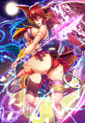 Rule 34 | 1girl, anklet, ass, bare shoulders, barefoot, breasts, chain, covered erect nipples, demon girl, demon wings, feet, female focus, from behind, gradient hair, hair ornament, highres, jewelry, kouzuki tsubasa (musou kaidou), large breasts, long hair, looking back, lots of jewelry, magic, magic circle, miniskirt, moon, multicolored hair, night, open mouth, original, panties, pantyshot, pointy ears, polearm, red eyes, red hair, red panties, sideboob, skirt, soles, solo, spear, standing, tail, toeless legwear, toes, underwear, upskirt, very long hair, weapon, wings
