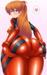 Rule 34 | 1girl, ass, ass focus, ass grab, blue eyes, blush, breasts, butt crack, grabbing own ass, heart, highres, huge ass, large breasts, long hair, looking at viewer, naughty face, neon genesis evangelion, pixiv1478062, plugsuit, shiny clothes, skin tight, smile, solo, souryuu asuka langley, twintails
