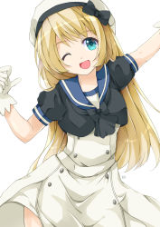 Rule 34 | 1girl, blonde hair, blue eyes, blue sailor collar, commentary request, dress, gloves, hat, highres, jervis (kancolle), kantai collection, long hair, looking at viewer, miyamori raira, one eye closed, open mouth, sailor collar, sailor dress, sailor hat, short sleeves, simple background, smile, solo, white background, white dress, white gloves, white hat
