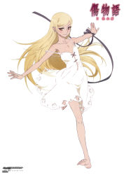 Rule 34 | 1girl, absurdres, barefoot, blonde hair, copyright notice, dress, flat chest, full body, highres, logo, long hair, monogatari (series), not for sale, official art, oshino shinobu, outstretched arms, pointy ears, ribbon, scarf, simple background, smile, solo, spread arms, standing, standing on one leg, strap slip, swept bangs, very long hair, white background, white dress, wrist ribbon, yellow eyes