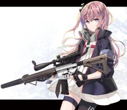 Rule 34 | 1girl, ar-15, asymmetrical legwear, black gloves, blue eyes, blue jacket, blush, brown hair, brown pantyhose, closed mouth, commentary request, dress, fingerless gloves, girls&#039; frontline, gloves, gun, hair between eyes, hair ornament, holding, holding gun, holding weapon, jacket, juna, letterboxed, long hair, long sleeves, looking at viewer, name connection, object namesake, one side up, open clothes, open jacket, pantyhose, pleated dress, puffy long sleeves, puffy sleeves, rifle, scope, single leg pantyhose, solo, st ar-15 (girls&#039; frontline), thigh strap, uneven legwear, v-shaped eyebrows, very long hair, weapon, white dress