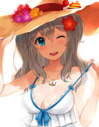 Rule 34 | 10s, 1girl, ;d, anchor symbol, bare arms, bare shoulders, blue eyes, bow, breasts, cleavage, dress, flower, hair between eyes, hair bow, hair flower, hair ornament, hand on headwear, hat, hat flower, highres, jewelry, kantai collection, kashima (kancolle), large breasts, long hair, looking at viewer, mhong, one eye closed, open mouth, pendant, pulling own clothes, silver hair, smile, solo, strap pull, sun hat, twintails, upper body, wavy hair, white dress