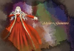 Rule 34 | 1girl, bare shoulders, blonde hair, character name, circlet, dress, closed eyes, fire emblem, fire emblem: the binding blade, guinevere (fire emblem), jewelry, long hair, long sleeves, multicolored background, nintendo, outstretched arms, red dress, shoochiku bai, solo