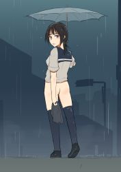 Rule 34 | 1girl, absurdres, ass, black footwear, black hair, black skirt, blue eyes, blue thighhighs, bottomless, building, chipcat, exhibitionism, facing away, full body, highres, holding, holding clothes, holding skirt, holding umbrella, looking at viewer, looking back, medium hair, nude, original, outdoors, parted lips, public indecency, rain, road, sailor collar, sailor shirt, shirt, shoes, short sleeves, skirt, unworn skirt, sky, solo, standing, street, thighhighs, traffic light, transparent, transparent umbrella, umbrella, wet