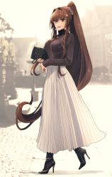 Rule 34 | 1girl, alternate costume, bag, black footwear, black sweater, boots, brown eyes, brown hair, cherry blossoms, commentary request, flower, full body, hair flower, hair ornament, handbag, high heel boots, high heels, highres, kantai collection, kasumi (skchkko), long hair, long skirt, looking at viewer, open mouth, pleated skirt, ponytail, ribbed sweater, skirt, solo, stiletto boots, stiletto heels, sweater, very long hair, white skirt, yamato (kancolle)