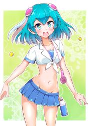 Rule 34 | 1girl, alternate costume, american school uniform, blue eyes, blue hair, blue skirt, bottle, collarbone, commentary request, groin, hagoromo lala, hair ornament, highres, kaatsu katsurou, looking at viewer, midriff, navel, open mouth, pleated skirt, precure, school uniform, short hair, short sleeves, skirt, solo, star-shaped pupils, star (symbol), star twinkle precure, symbol-shaped pupils