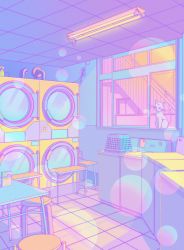 Rule 34 | absurdres, artemis (sailor moon), basket, bishoujo senshi sailor moon, cat, chair, commentary, crescent, english commentary, floor, fluorescent lamp, highres, laundry, no humans, owakita, scenery, solo, table, tile floor, tiles, top-load washing machine, washing machine, white cat