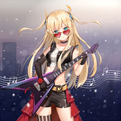 Rule 34 | 1girl, absurdres, belt, black gloves, blonde hair, breasts, choker, elbow gloves, electric guitar, esp guitars, gibson flying v, gloves, guitar, heart, heart-shaped eyewear, heart-shaped sunglasses, highres, instrument, jackson rhoads, long hair, looking at viewer, midriff, original, shorts, single thighhigh, sleeveless, solo, striped clothes, striped thighhighs, sunglasses, thighhighs, two side up, yuhuan
