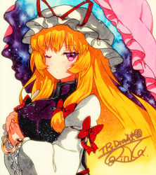 Rule 34 | 1girl, bad id, bad pixiv id, blonde hair, bow, closed mouth, frilled sleeves, frills, hat, hat ribbon, holding, holding umbrella, juliet sleeves, long hair, long sleeves, looking at viewer, mob cap, one eye closed, pink umbrella, puffy sleeves, purple eyes, purple tabard, qqqrinkappp, red bow, red ribbon, ribbon, shikishi, signature, solo, tabard, touhou, traditional media, umbrella, upper body, very long hair, white hat, wide sleeves, yakumo yukari