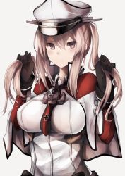 Rule 34 | 10s, 1girl, anchor, bad id, bad pixiv id, black gloves, black necktie, black ribbon, blonde hair, blush, breasts, cape, closed mouth, cross, gloves, graf zeppelin (kancolle), hair between eyes, hat, iron cross, kantai collection, large breasts, long hair, long sleeves, looking at viewer, necktie, peaked cap, playing with own hair, purple eyes, ribbon, shirt, short necktie, sidelocks, simple background, snm (sunimi), solo, twintails, underbust, upper body, white background, white cape, white hat, white shirt