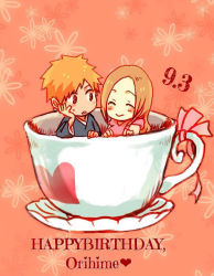 Rule 34 | 1boy, 1girl, bleach, blouse, blush, character name, closed eyes, cup, english text, happy, happy birthday, inoue orihime, japanese clothes, kurosaki ichigo, long sleeves, looking at another, meitarou, mini person, miniboy, minigirl, open mouth, pink shirt, saucer, shirt, sleeveless, sleeveless shirt, smile, teacup