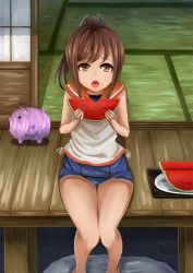 Rule 34 | 10s, 1girl, brown eyes, brown hair, dark skin, eating, food, fruit, i-401 (kancolle), kantai collection, knees together feet apart, looking at viewer, okitsu (okitwo), open mouth, ponytail, sailor collar, school swimsuit, swimsuit, swimsuit under clothes, watermelon