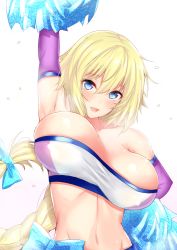 Rule 34 | 1girl, :d, arm up, armpits, bandeau, blonde hair, blue eyes, blush, braid, breasts, cheerleader, cleavage, elbow gloves, fate/apocrypha, fate (series), gloves, gradient background, hair between eyes, highres, jeanne d&#039;arc (fate), jeanne d&#039;arc (ruler) (fate), large breasts, long hair, looking at viewer, midriff, navel, open mouth, pom pom (cheerleading), sankakusui, simple background, smile, solo, sweat, teeth, very long hair, white background, white bandeau