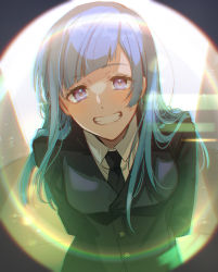 Rule 34 | 1girl, arms behind back, asymmetrical bangs, bad id, bad twitter id, black jacket, black necktie, black pants, black suit, blue hair, blush, breasts, closed mouth, collared shirt, commentary, eyelashes, fisheye, formal, grin, highres, jacket, jujutsu kaisen, leaning forward, light blue hair, long hair, looking at viewer, medium breasts, miwa kasumi, necktie, pant suit, pants, pov, purple eyes, rainbow, shirt, smile, solo, straight hair, suit, tsunetsuro, upper body, white shirt