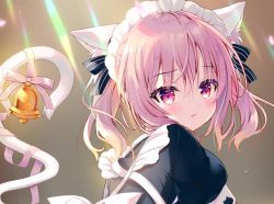 Rule 34 | 1girl, animal ear fluff, animal ears, bell, black bow, black dress, blush, bow, cat ears, cat girl, cat tail, closed mouth, commentary request, dress, hair between eyes, hair bow, long hair, looking at viewer, looking to the side, maid, maid headdress, original, pink hair, pink ribbon, puffy short sleeves, puffy sleeves, red eyes, ribbon, shiwasu horio, short sleeves, sidelocks, solo, striped, striped bow, tail, tail ornament, tail raised, tail ribbon, twintails, upper body