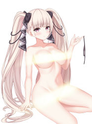Rule 34 | 1girl, :/, arm support, azur lane, black bow, black panties, black ribbon, blonde hair, blunt bangs, blush, bow, breasts, closed mouth, completely nude, formidable (azur lane), hair bow, hair ribbon, highres, holding, holding clothes, holding panties, holding underwear, index finger raised, large breasts, light censor, lin (user uzmw2535), long hair, looking at viewer, nude, panties, unworn panties, pink eyes, ribbon, seiza, simple background, sitting, solo, thighs, twintails, two-tone ribbon, underwear, very long hair, white background, white ribbon
