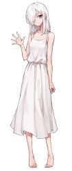 Rule 34 | 1girl, bare arms, bare shoulders, barefoot, closed mouth, dress, full body, grey eyes, hand up, highres, long dress, long hair, looking at viewer, oopartz yang, original, pigeon-toed, simple background, smile, solo, sundress, waving, white background, white dress, white hair