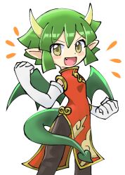 Rule 34 | 1girl, draco centauros, dragon girl, dragon horns, dragon tail, dragon wings, dress, gloves, green eyes, green hair, green wings, horns, looking at viewer, madou monogatari, open mouth, pantyhose, pointy ears, puyopuyo, rasu (pixiv9799832), red dress, simple background, smile, solo, standing, tail, white background, white gloves, wings