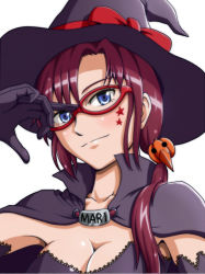 Rule 34 | 1girl, alvares, bad id, bad pixiv id, blue eyes, breasts, brown hair, cape, character name, cleavage, costume, facial mark, glasses, halloween, hat, hat ribbon, long hair, makinami mari illustrious, neon genesis evangelion, rebuild of evangelion, ribbon, simple background, smile, solo, star (symbol), upper body, white background, witch hat