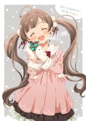 Rule 34 | 1girl, :d, ^ ^, ahoge, black dress, black ribbon, blush, border, bow, bowtie, brown hair, closed eyes, commentary request, cowboy shot, dress, facing viewer, frilled dress, frills, fur-trimmed jacket, fur trim, gift, goma konbu, grey background, hair bobbles, hair ornament, hair ribbon, hakozaki serika, head tilt, highres, holding, holding gift, idolmaster, idolmaster million live!, jacket, layered dress, long hair, long sleeves, mittens, open mouth, outside border, petticoat, pink bow, pink jacket, pom pom (clothes), pom pom hair ornament, raised eyebrows, red bow, red bowtie, red ribbon, ribbon, smile, solo, swept bangs, translation request, twintails, very long hair, white border, white mittens
