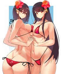 Rule 34 | 10s, 2girls, ass, bikini, breast press, breasts, brown hair, butt crack, character request, flower, fusou (kancolle), gradient background, hair flower, hair ornament, hibiscus, highres, holding hands, interlocked fingers, kantai collection, large breasts, multiple girls, navel, red eyes, short hair, side-tie bikini bottom, smile, swimsuit, symmetrical docking, takamura wamu, takao (kancolle), yamashiro (kancolle)