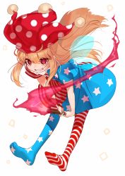 Rule 34 | 1girl, american flag dress, american flag legwear, bad id, bad twitter id, blonde hair, clownpiece, dress, fairy wings, fire, full body, gotou (nekocat), grin, hat, highres, holding, jester cap, leaning forward, long hair, pantyhose, polka dot, red eyes, red hat, ringed eyes, short dress, short sleeves, simple background, smile, solo, star (symbol), star print, striped clothes, striped dress, striped pantyhose, torch, touhou, white background, wings