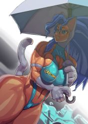 Rule 34 | 1girl, ahoge, animal ears, animal hands, animal print, bat print, biceps, big hair, bikini, blue bikini, blue eyes, blue hair, breasts, cat ears, cat girl, cat paws, cat tail, closed mouth, company name, cowboy shot, felicia (vampire), fur, highres, holding, holding umbrella, huge ahoge, large breasts, logo, long hair, muscular, muscular female, race queen, sashizume soutarou, smile, solo, standing, swimsuit, tail, thick thighs, thighs, umbrella, vampire (game), white fur, wide hips