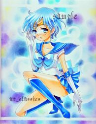 Rule 34 | 1990s (style), 1girl, at classics, bespectacled, bishoujo senshi sailor moon, blue eyes, blue footwear, blue hair, blue sailor collar, blue skirt, boots, bow, choker, earrings, elbow gloves, glasses, gloves, jewelry, knee boots, magical girl, marker (medium), mizuno ami, retro artstyle, sailor collar, sailor mercury, sample watermark, short hair, skirt, solo, tiara, traditional media, watermark, white gloves