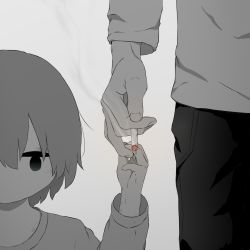 Rule 34 | 1boy, 1other, avogado6, black pants, bruise, bruise on face, child, child abuse, cigarette, commentary request, grey hair, holding hands, hand up, holding, holding cigarette, injury, long sleeves, original, pants, shirt, short hair, smoke, white shirt