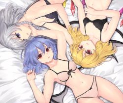 Rule 34 | 3girls, armpits, ass, bat wings, bed, bed sheet, black bra, black panties, blonde hair, blue eyes, bow, bow bra, bow panties, bra, braid, breasts, cleavage, crystal, fang, flandre scarlet, gluteal fold, hand on another&#039;s chin, hand on another&#039;s face, highres, izayoi sakuya, laevatein (touhou), light purple hair, looking at viewer, lying, medium breasts, medium hair, multiple girls, nail polish, navel, no headwear, on back, open mouth, panties, purple hair, red eyes, red nails, remilia scarlet, short hair, siblings, silver hair, single braid, sisters, small breasts, sudako (dai011305), thighs, touhou, underwear, underwear only, upside-down, vampire, wings