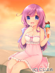 Rule 34 | 1girl, :d, blue eyes, breasts, cleavage, dress, food, gradient background, ice cream, ice cream cone, long hair, ocean, open mouth, pink dress, purple hair, ribbon-trimmed clothes, ribbon trim, sitting, smile, solo, usashiro mani, valhalla valkyries