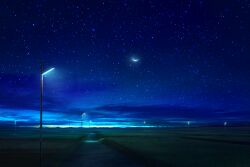 Rule 34 | blue theme, cloud, commentary request, crescent moon, dark, field, grass, lamppost, light, mks, moon, night, night sky, no humans, original, outdoors, revision, road, scenery, sky, star (sky), starry sky