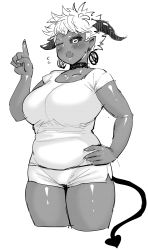 Rule 34 | 1girl, belly, black sclera, blush, breasts, choker, cleavage, collarbone, colored sclera, curvy, dark-skinned female, dark skin, demon girl, demon tail, earrings, elf-san wa yaserarenai., fang, fat rolls, goat eyes, greyscale, hands on own hips, highres, horns, huge breasts, index finger raised, jewelry, looking at viewer, monochrome, one eye closed, open mouth, pentagram, pentagram earrings, plump, satero (elf-san wa yaserarenai.), satyr, short hair, shorts, solo, synecdoche, tail, thick thighs, thighs, white hair
