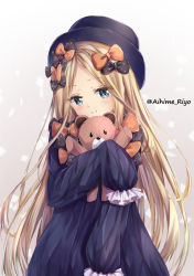 Rule 34 | 1girl, abigail williams (fate), aihime riyo, artist name, black bow, black dress, black hat, blonde hair, blue eyes, blush, bow, closed mouth, dress, fate/grand order, fate (series), forehead, frills, hair bow, hat, highres, holding, holding stuffed toy, hugging object, long hair, long sleeves, looking at viewer, orange bow, parted bangs, polka dot, polka dot bow, sleeves past fingers, sleeves past wrists, smile, solo, stuffed animal, stuffed toy, teddy bear
