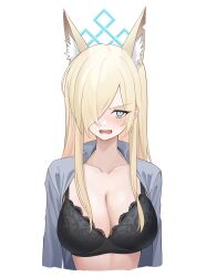 Rule 34 | 1girl, absurdres, black bra, blonde hair, blue archive, blue eyes, blush, bra, breasts, cleavage, collarbone, grey shirt, guntree, hair over one eye, highres, kanna (blue archive), large breasts, long hair, long sleeves, looking at viewer, open clothes, open mouth, open shirt, sharp teeth, shirt, simple background, solo, teeth, underwear, upper body, white background