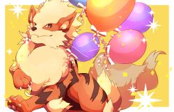 Rule 34 | :3, animal focus, arcanine, balloon, blurry, border, bow, bright pupils, brown eyes, claws, closed mouth, creatures (company), depth of field, fang, fang out, fluffy, game freak, gen 1 pokemon, happy, highres, kechon-san, looking at viewer, mouth hold, neck fur, nintendo, no humans, outside border, pawpads, pokemon, pokemon (creature), simple background, smile, solo, sparkle, string, white border, white bow, white pupils, yellow background