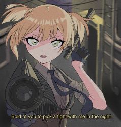 Rule 34 | 1990s (style), 1girl, aiming, aiming at viewer, alley, artist request, blonde hair, blouse, bolt action, collared shirt, corset, dual wielding, english text, eyelashes, film grain, girls&#039; frontline, gloves, green eyes, gun, handgun, holding, integral suppressor, integrally-suppressed firearm, looking at viewer, manual firearm, necktie, pinstripe pattern, pinstripe vest, retro artstyle, shaded face, shirt, solo, striped, subtitled, suppressor, twintails, vest, weapon, welrod, welrod mk ii, welrod mkii (girls&#039; frontline), white shirt
