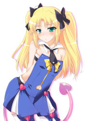 Rule 34 | 1girl, :o, aqua eyes, arms behind back, astarotte ygvar, blonde hair, blush, bow, clothing cutout, colorized, demon tail, detached collar, flat chest, green eyes, hair bow, heart, leaning, long hair, lotte no omocha!, navel cutout, necktie, pointy ears, sidelocks, simple background, solo, tail, thighhighs, tsukishiro kou, twintails, white thighhighs