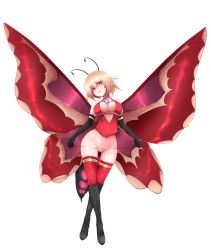 Rule 34 | 1girl, antennae, arthropod girl, bare shoulders, black gloves, blonde hair, boots, breasts, butterfly wings, cleavage, cleavage cutout, clothing cutout, elbow gloves, flower, full body, gloves, head tilt, heart, heart-shaped pupils, highres, insect wings, knee boots, looking at viewer, medium breasts, monster girl, monster girl encyclopedia, nanostar, open mouth, papillon (monster girl encyclopedia), parted lips, red eyes, red shirt, red wings, shirt, short hair, sleeveless, smile, solo, standing, symbol-shaped pupils, thighhighs, transparent background, white background, wings