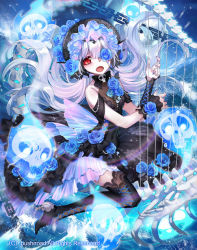 Rule 34 | 1girl, bone, bow, bowtie, cardfight!! vanguard, chain, company name, eyepatch, flower, ghost, harp, hat, high heels, instrument, long hair, low twintails, night, night sky, official art, open mouth, red eyes, sea rumble banshee, skull, sky, solo, spinel (9057), star (sky), thighhighs, twintails, water, white hair