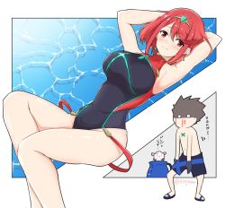 Rule 34 | 1boy, 1girl, armpits, arms behind head, arms up, blood, blush, breasts, brown hair, chibi, competition swimsuit, earrings, jewelry, large breasts, looking at viewer, lying, mochimochi (xseynao), nintendo, nosebleed, on back, one-piece swimsuit, pyra (pro swimmer) (xenoblade), pyra (xenoblade), red eyes, red hair, rex (cloud sea shark) (xenoblade), rex (xenoblade), short hair, simple background, smile, solo, swimsuit, tiara, water, white background, xenoblade chronicles (series), xenoblade chronicles 2