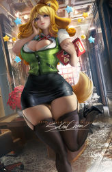 Rule 34 | 1girl, animal ears, artist name, black footwear, blonde hair, book, breasts, cleavage, curly hair, curvy, dog ears, dog tail, animal crossing, female focus, garter straps, high heels, holding, holding book, indoors, large breasts, bridal garter, lips, long hair, nintendo, office, parted lips, patreon username, personification, sakimichan, isabelle (animal crossing), signature, skindentation, skirt, smile, solo, tail, thick thighs, thighhighs, thighs, watermark, web address, wide hips
